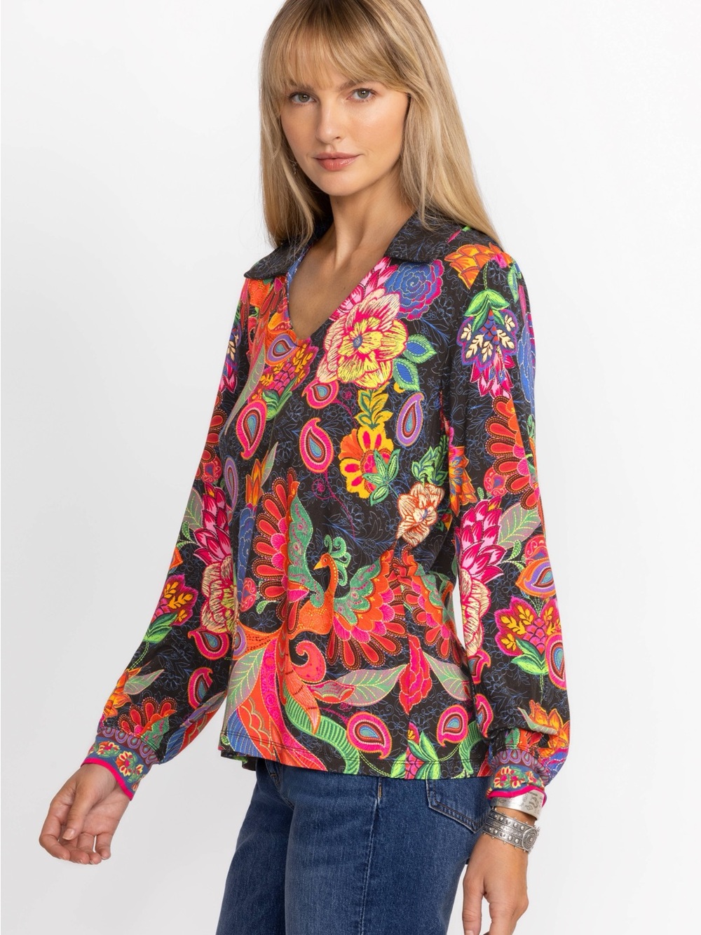 Johnny Was THE JANIE FAVORITE PUFF SLEEVE POLO SZ XXL 2X PLUS SIZE COLORFUL BIRD - Picture 6 of 10